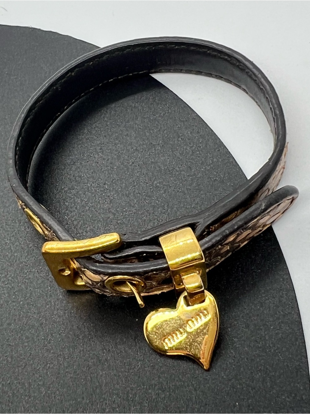 Miu Miu Python Leather Heart Charm Bracelet Gold Tone Vintage Brown